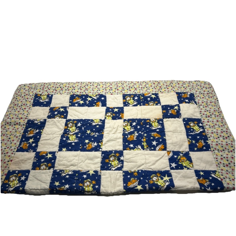 Vintage Garfield Handmade Patchwork Quilt Blanket 44x36 Blue White Cat